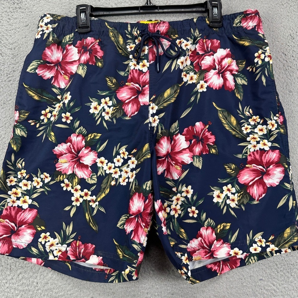 Lands End Men Swim Trunks Large 36-38 Blue Red Floral Hawaiian Drawstring Pocket
